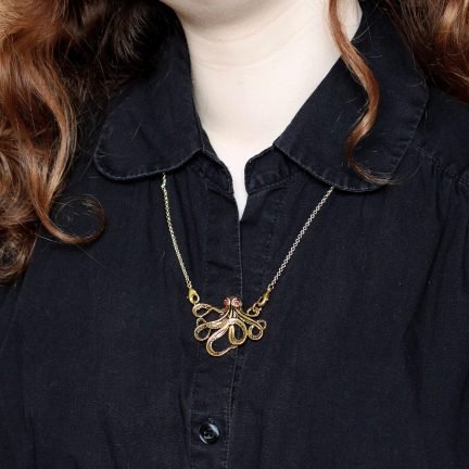 Collier / pendentif Steampunk Petit Poulpe doré aux yeux rouges