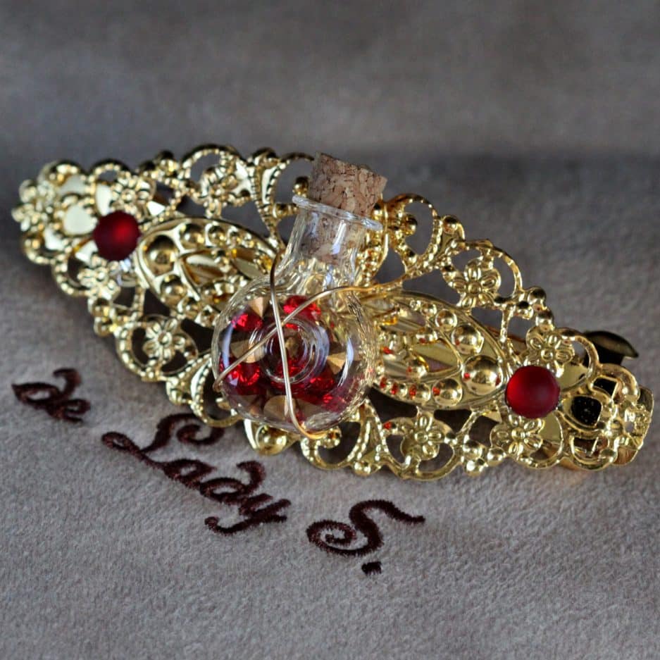 barrette fiole Steampunk Aurélia doré et rouge la Manufacture de Lady S.